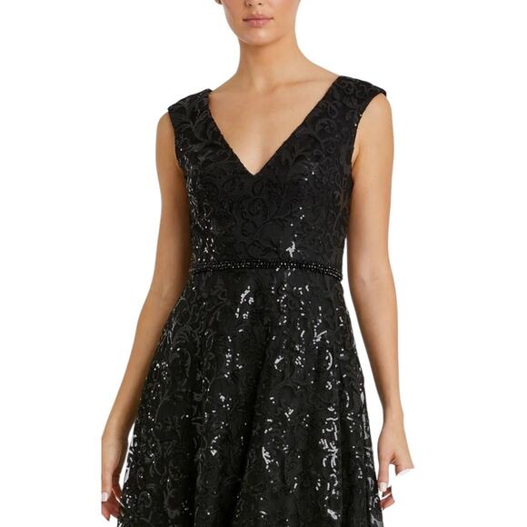 Mac Duggal NEW Size 12 Black Sequined V Neck Cap Sleeve Midi Dress Style A68012 - Picture 3 of 11